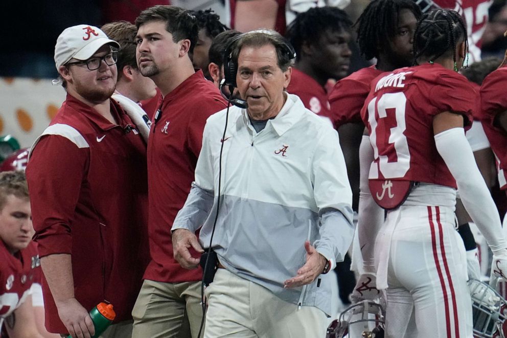 PHOTO: Alabama head coach Nick Saban watches during the first half of the College Football Playoff championship football game against Georgia, Jan. 10, 2022, in Indianapolis.