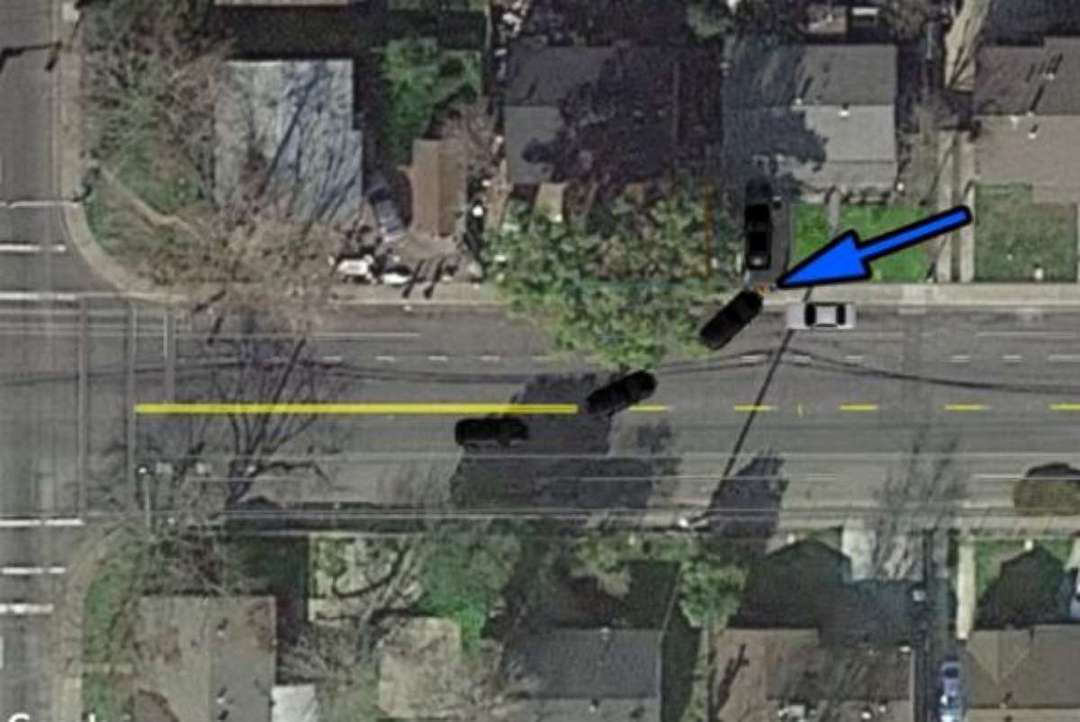 A diagram from the Sacramento Police Department shows what happened when a police SUV hit a fleeing suspect, at the point of the blue arrow, on Sunday, July 22, 2018.