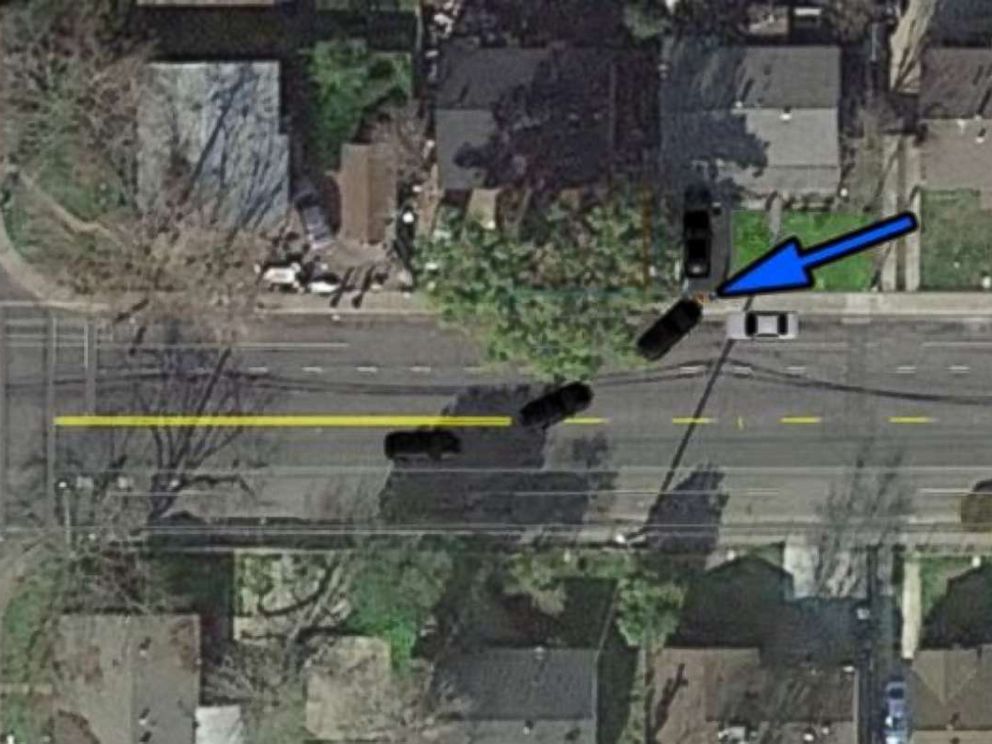 A diagram from the Sacramento Police Department shows what happened when a police SUV hit a fleeing suspect, at the point of the blue arrow, on Sunday, July 22, 2018.