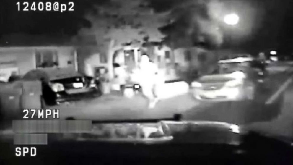 A screengrab from video released by the Sacramento Police Department shows the moment before a teenager running from police was hit by a police vehicle on Sunday, July 22, 2018.