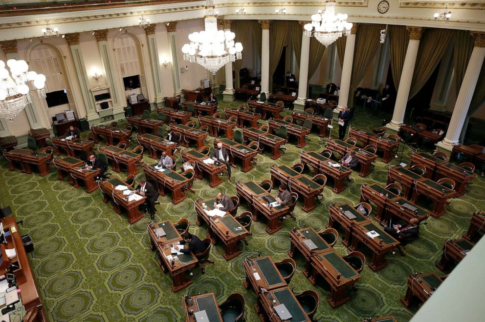 PHOTO: The Assembly Transportation Committee meets in the Assembly Chambers where they can practice social distancing, during a committee hearing in Sacramento, Calif., May 4, 2020.