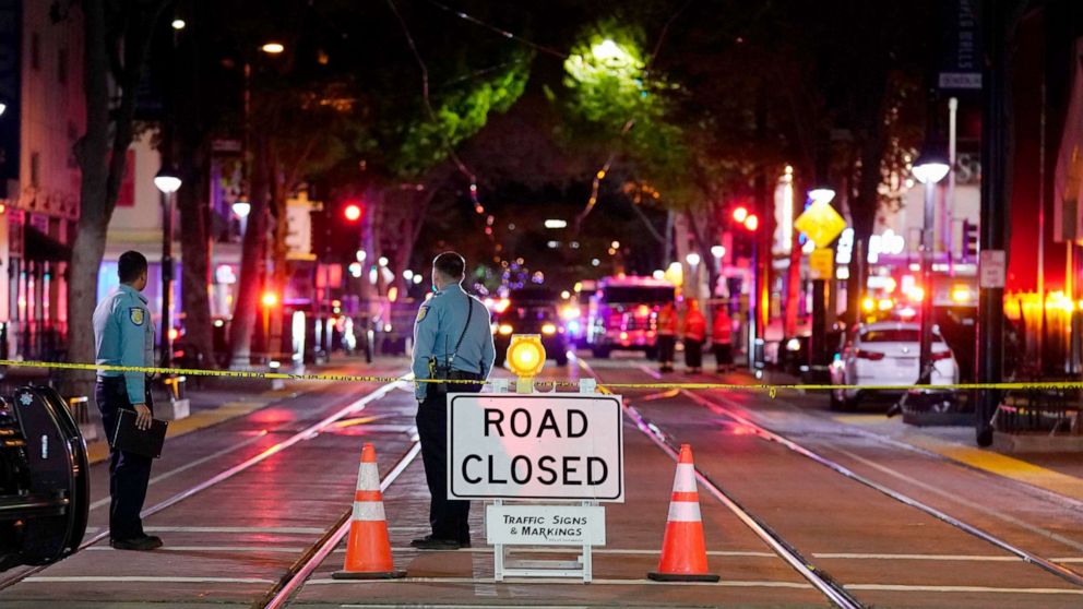 PHOTO: A roadblock is set a block away from the scene of an apparent mass shooting in Sacramento, Calif., April 3, 2022.