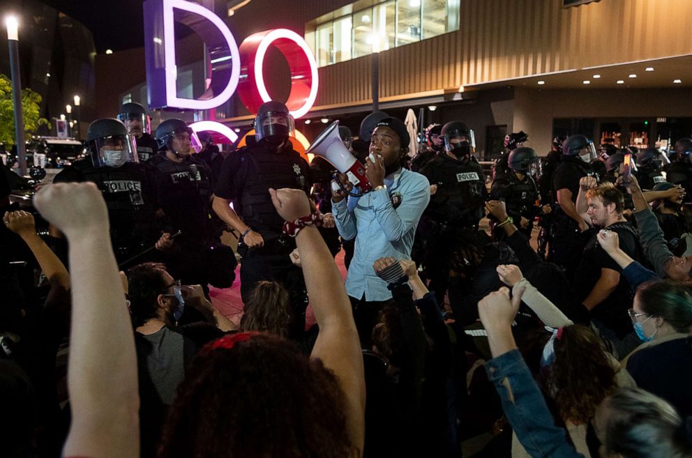PHOTO: Stevante Clark urges demonstrators to protest safely and non-violently on May 31, 2020 in Sacramento.