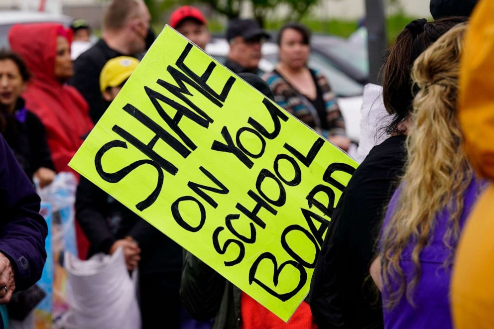 PHOTO: Teachers, parents, students and other supporters of a strike against the Sacramento Unified School District gather at Rosemont High School in Sacramento, Calif., March 28, 2022. 