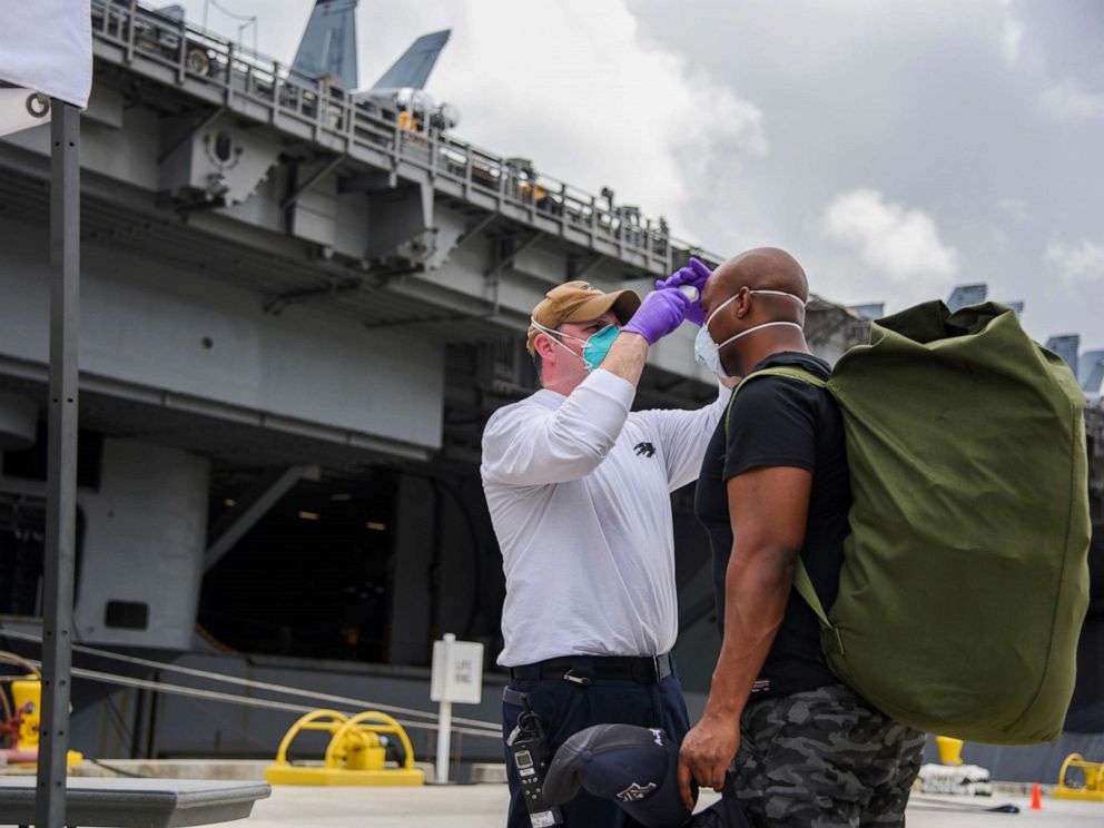 PHOTO: U.S. Navy sailors assigned to aircraft carrier USS Theodore Roosevelt, who have tested negative twice for COVID-19, are asymptomatic and completed their off-ship quarantine or isolation, prepare to board the clean ship in Guam on May 1, 2020.