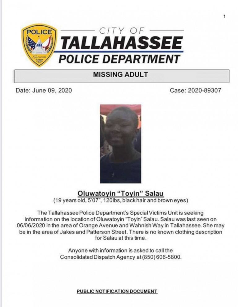 PHOTO: A missing poster released by Tallahassee Police of Oluwatoyin Salau.