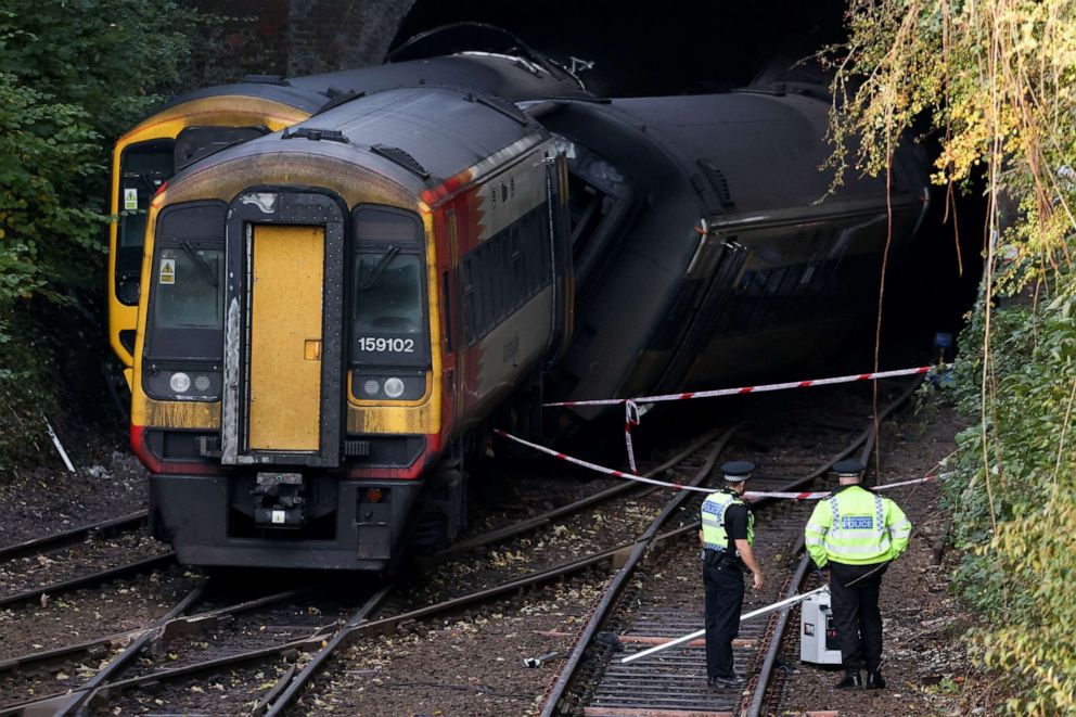 PHOTO: Emergency services personnel inspect the site where two trains collided near Salisbury, Britain, Nov. 1, 2021.