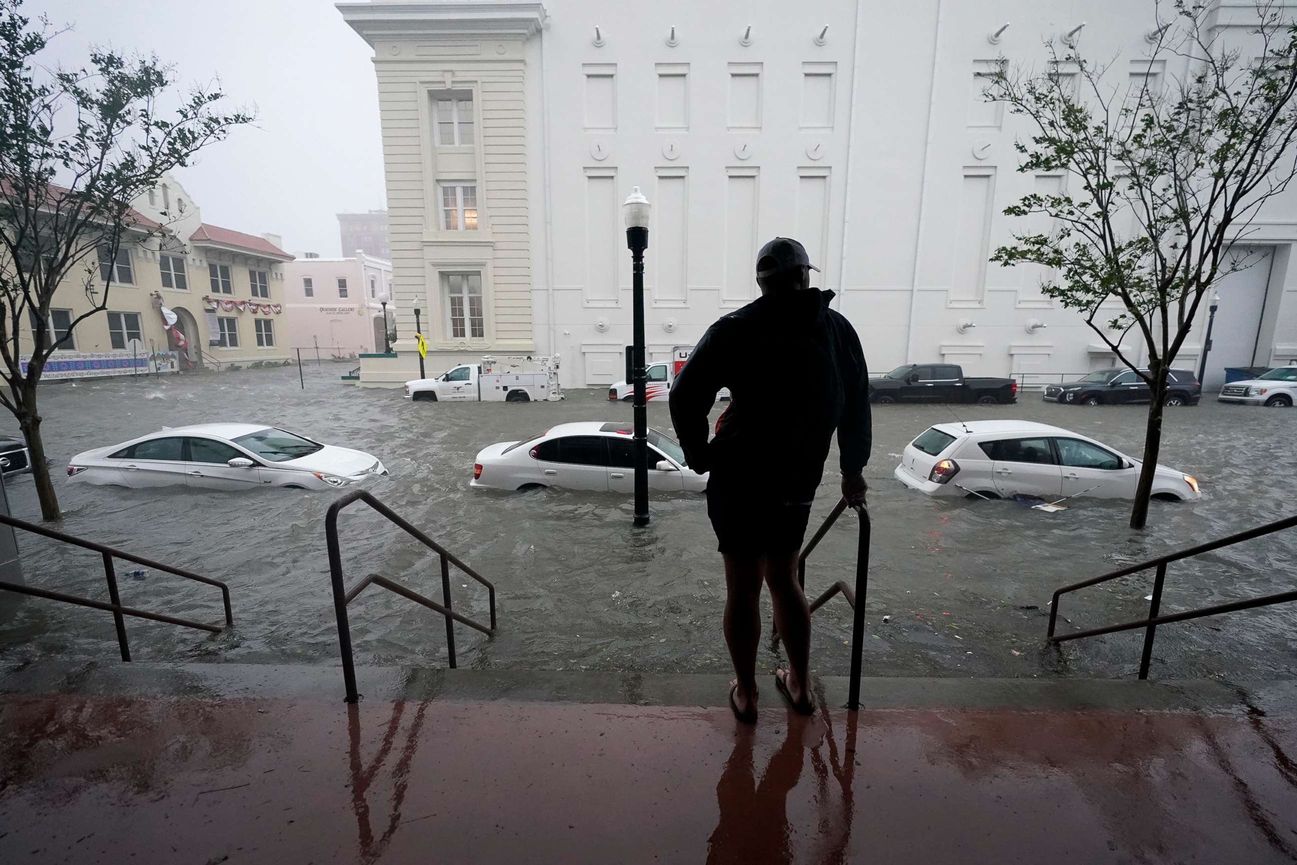 PHOTO: Flood waters move on the street in downtown Pensacola, Fla., Sept. 16, 2020.