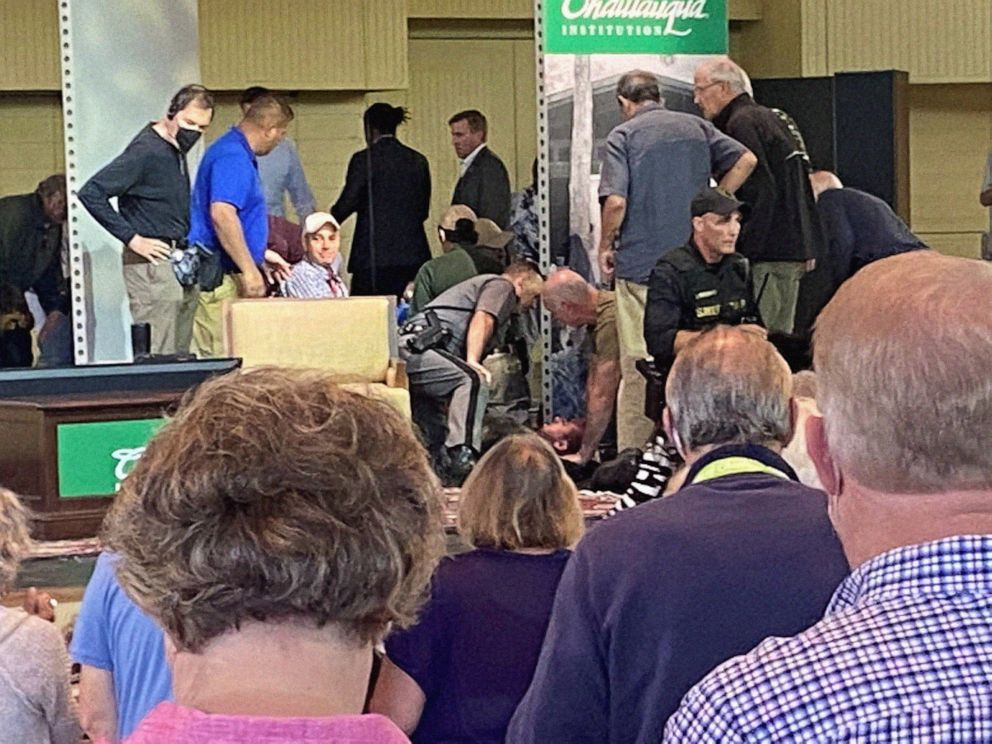 PHOTO: A view of who appears to be author Salman Rushdie treated by emergency personnel after being stabbed on stage before a scheduled speech at the Chautauqua Institution in Chautauqua, N.Y., Aug. 12, 2022, is seen in an image obtained from social media