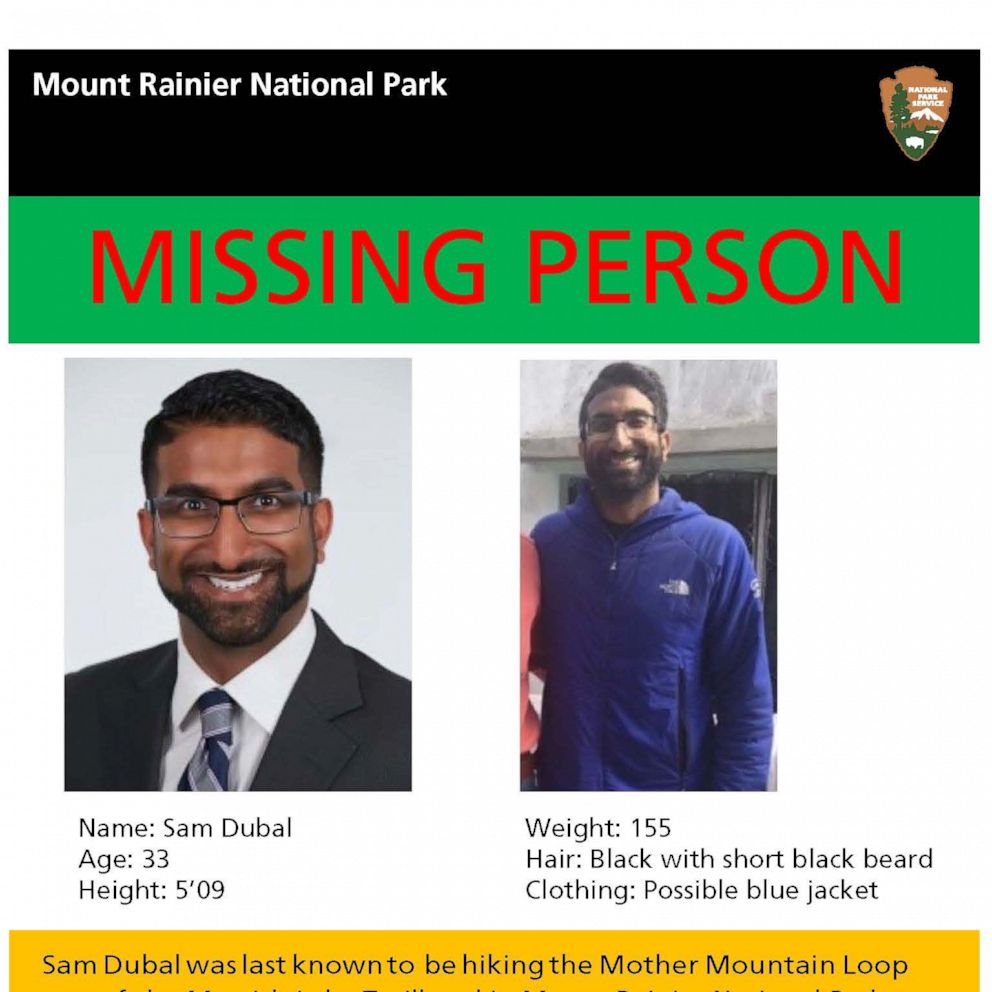 PHOTO: Sam Dubal was last known to be hiking in Mount Rainier National Park on Oct. 9, 2020, as stated in a missing person flyer posted by Mount Rainier National Park to their Twitter feed.