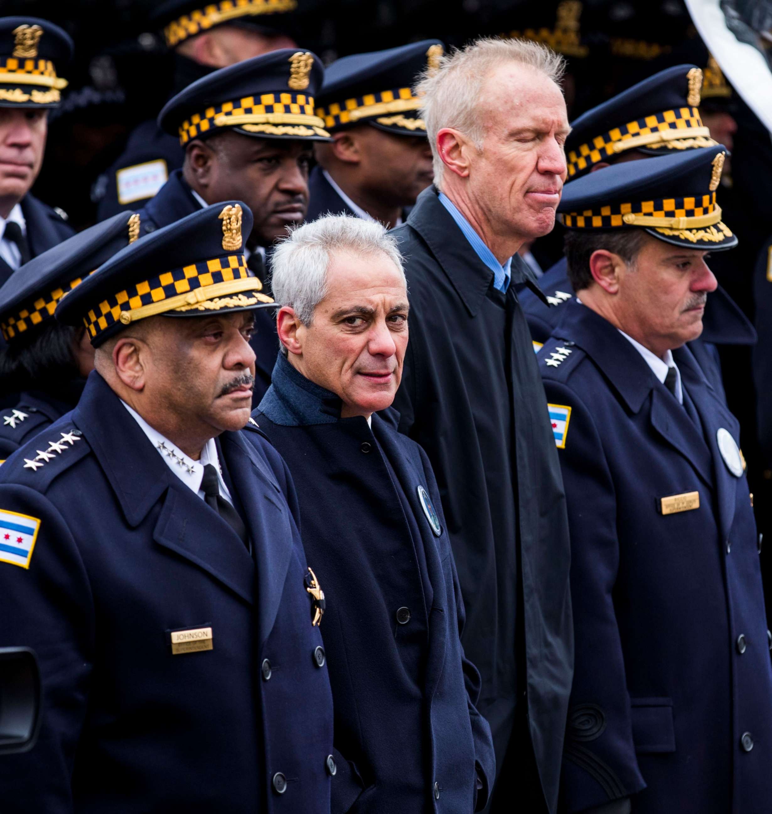 PHOTO: Chicago Mayor Rahm Emanuel stands with Chicago Police Superintendent Eddie Johnson, left, and Illinois Governor Bruce Rauner at funeral services for Chicago Police Officer Samuel Jimenez in Des Plaines, Ill., Nov. 26, 2018.