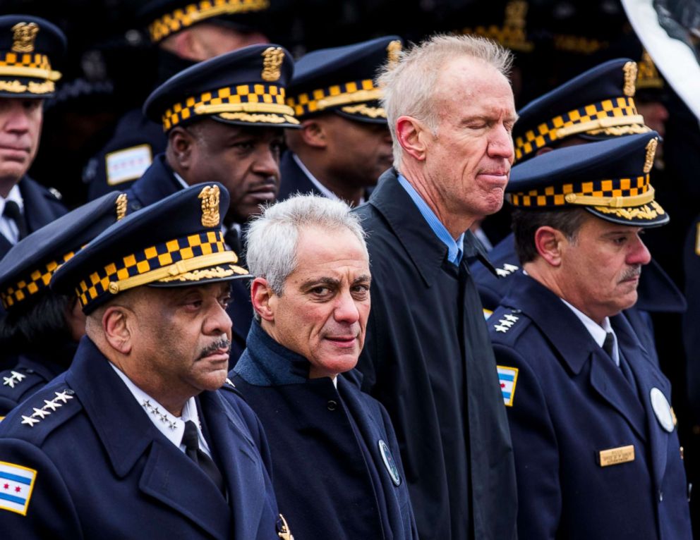 PHOTO: Chicago Mayor Rahm Emanuel stands with Chicago Police Superintendent Eddie Johnson, left, and Illinois Governor Bruce Rauner at funeral services for Chicago Police Officer Samuel Jimenez in Des Plaines, Ill., Nov. 26, 2018.