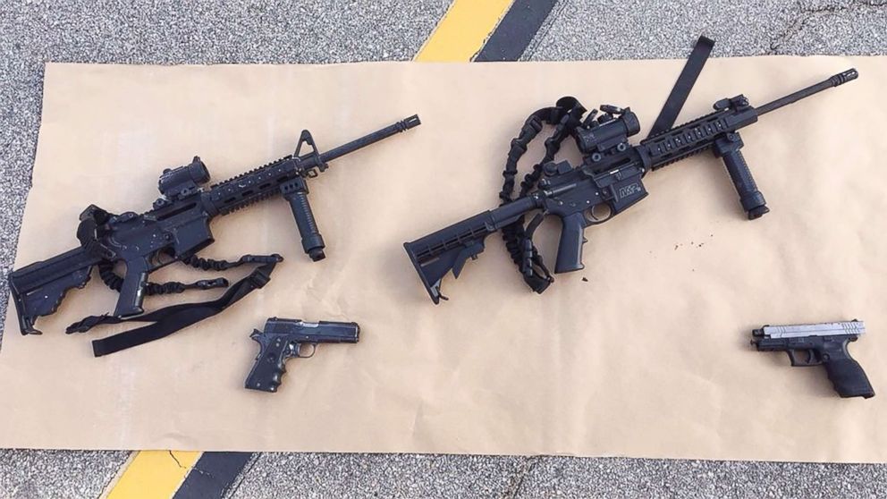 PHOTO: Four guns are seen near the site of a shootout between police and suspects in the San Bernardino shootings, Dec. 4, 2015, in San Bernardino, Calif, in this handout photo provided by the San Bernardino County Sherrif's Department.