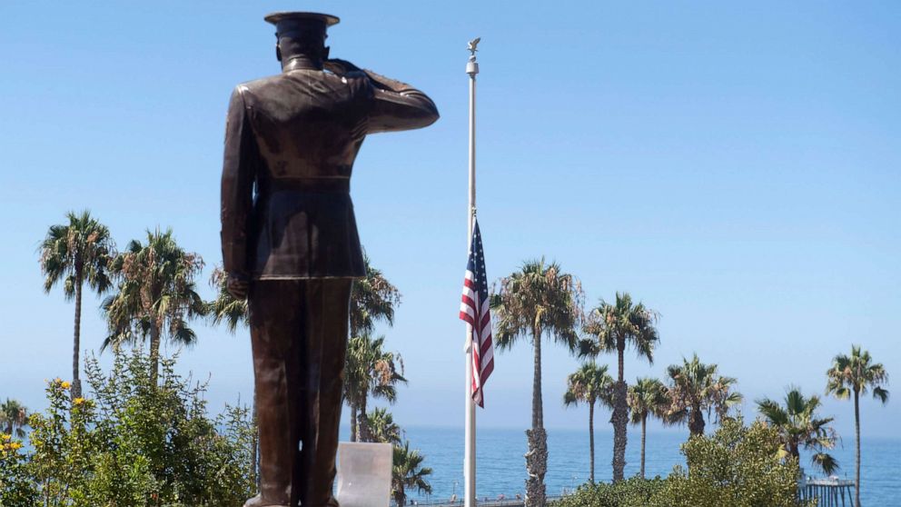 PHOTO: The U.S. flag was lowered to half-staff at Park Semper Fi in San Clemente, Calif., July 31, 2020. after one Marine from Camp Pendleton was killed and several remained missing following an accident during training off San Clemente Island. 