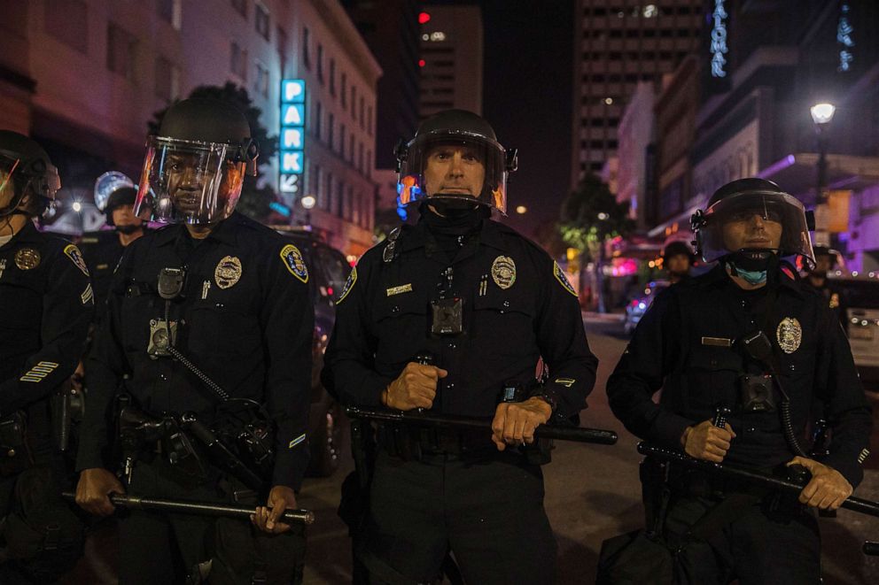 PHOTO: San Diego Police line up blocking the street in downtown San Diego, May 31, 2020.