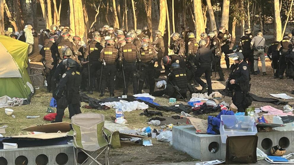 PHOTO: More than 60 people, including 40 students, were arrested when an encampment was disassembled by police at the University of California, San Diego on Monday, May 6, 2024.