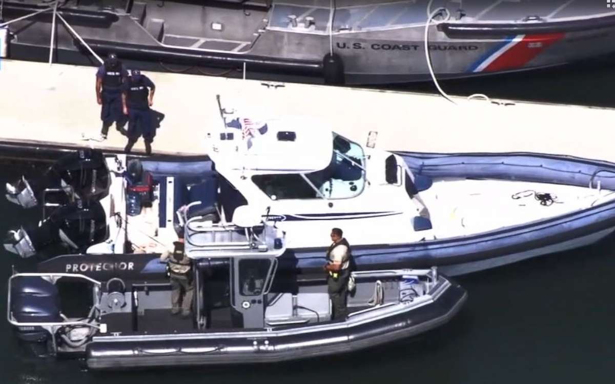 PHOTO: Authorities inspect the 33-foot boat owned by Javier Burillo, a prominent real estate developer, who was arrested for manslaughter after running over his 11-year-old son after he fell out of the ship near Tiburon, Calif., on Sept. 15, 2019. 