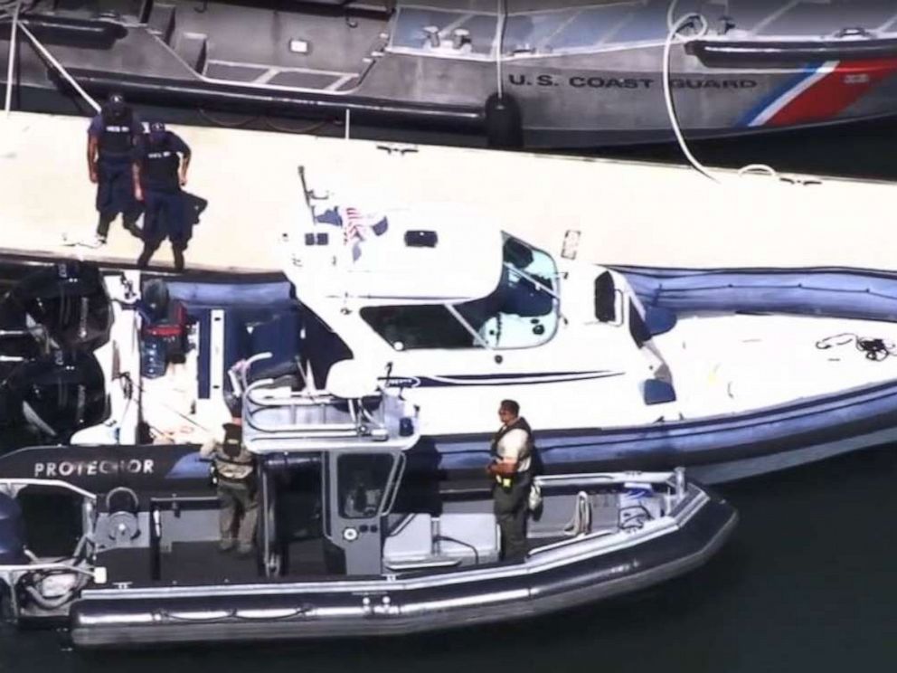PHOTO: Authorities inspect the 33-foot boat owned by Javier Burillo, a prominent real estate developer, who was arrested for manslaughter after running over his 11-year-old son after he fell out of the ship near Tiburon, Calif., on Sept. 15, 2019.