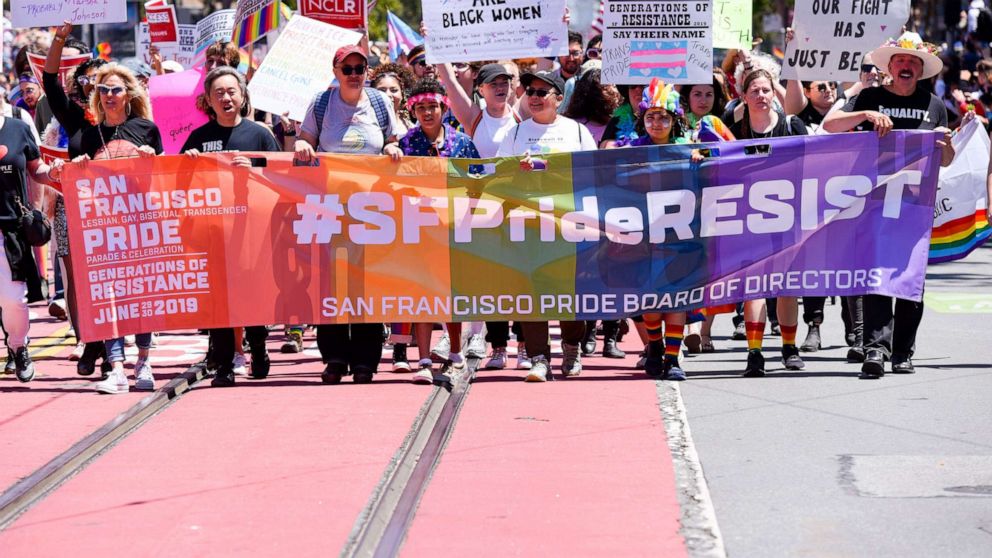 PHOTO: In this June 30, 2019, file photo, parade participants walk during the San Francisco Gay Pride parade in San Francisco.