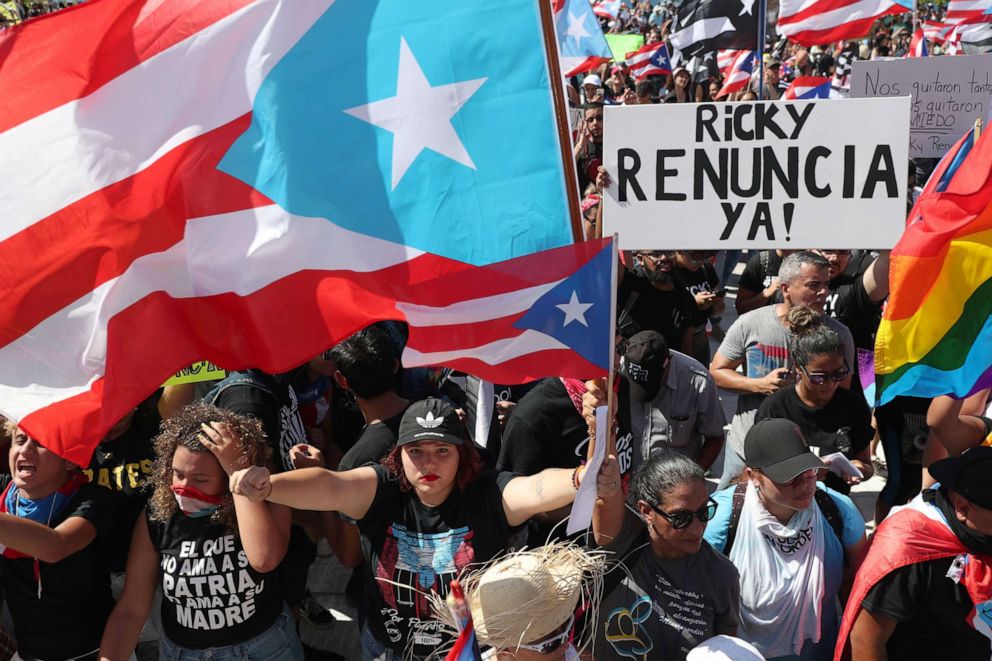 PHOTO: Demonstrators protest against Ricardo Rossello, the Governor of Puerto Rico, July 17, 2019, in front of the Capitol Building in Old San Juan, Puerto Rico.