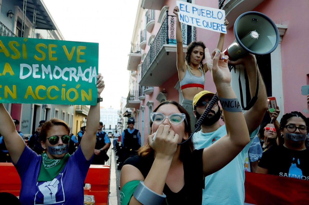 PHOTO: Protesters demand the resignation of the governor of Puerto Rico, Ricardo Rosello, during a protest at La Fortaleza in San Juan, Puerto Rico, July 16, 2019.