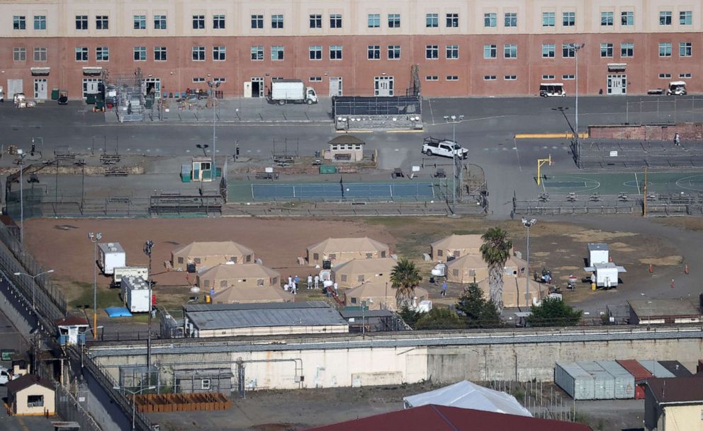 PHOTO: In this July 8, 2020, file photo, a view of an emergency care facility that was erected to treat inmates infected with COVID-19 is shown at San Quentin State Prison in San Quentin, Calif.