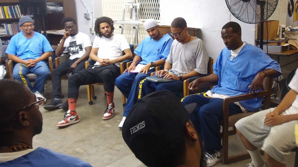 PHOTO: Hip hop artist J. Cole visits the San Quentin Music Program at the San Quentin State Prison in California in August 2017.
