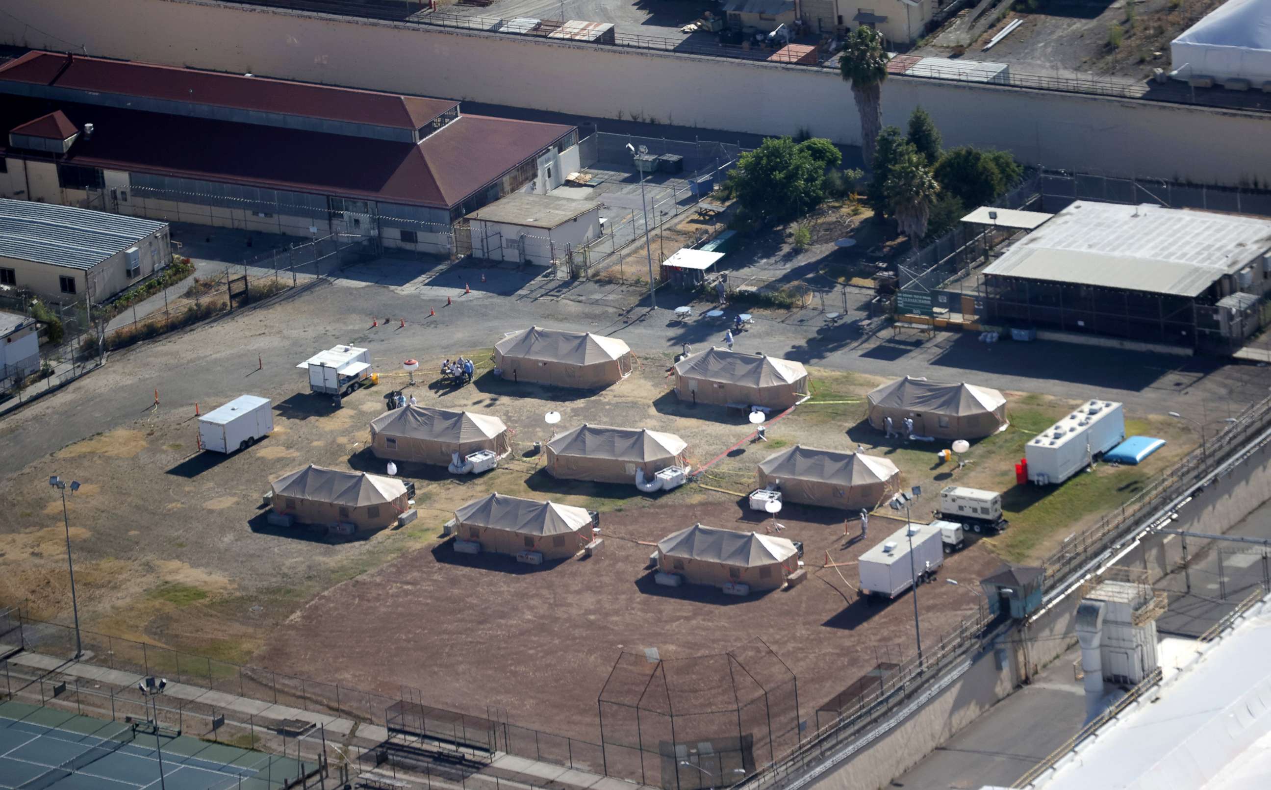 PHOTO: A view of a new emergency care facility that was erected to treat inmates infected with COVID-19 at San Quentin State Prison on July 8, 2020 in San Quentin, Calif.