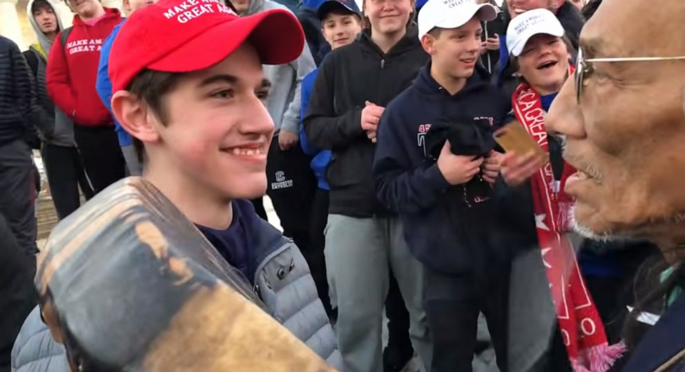 PHOTO: Covington Catholic High School student Nicholas Sandmann stares down Native American activist Nathan Phillips at the Lincoln Memorial in Jan. 18, 2019.