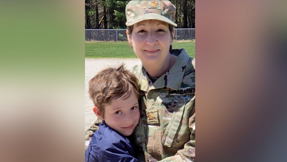 PHOTO: Sandra Daoust and her son, Seth, reunited after she was deployed for a month and a half to serve at New York City's Javits Center to help on the front lines against COVID-19.