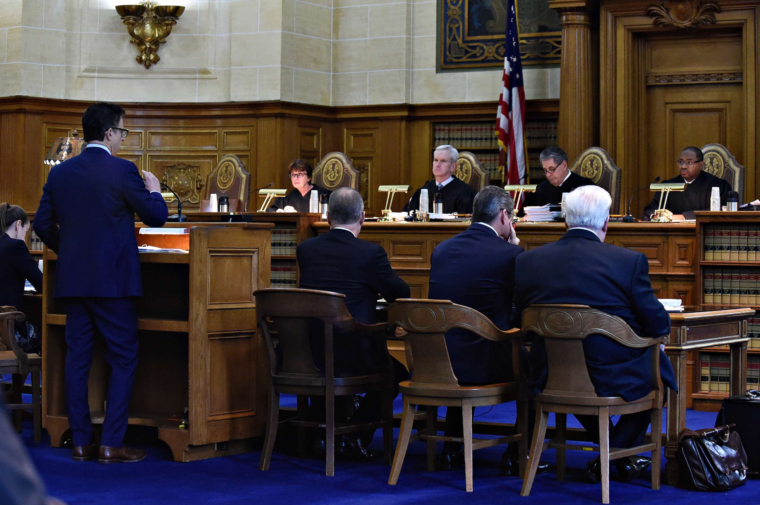 PHOTO: The Connecticut Supreme Court listens to attorney Josh Koskoff's arguments on whether gun maker Remington Arms should be held liable for the 2012 Newtown school massacre, in Hartford, Conn., Nov. 14, 2017. 