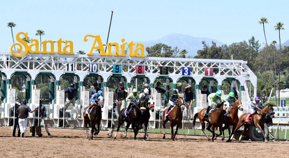 PHOTO: The first race of the day during horse racing at Santa Anita Park, March 29, 2018, in Arcadia, Calif. 