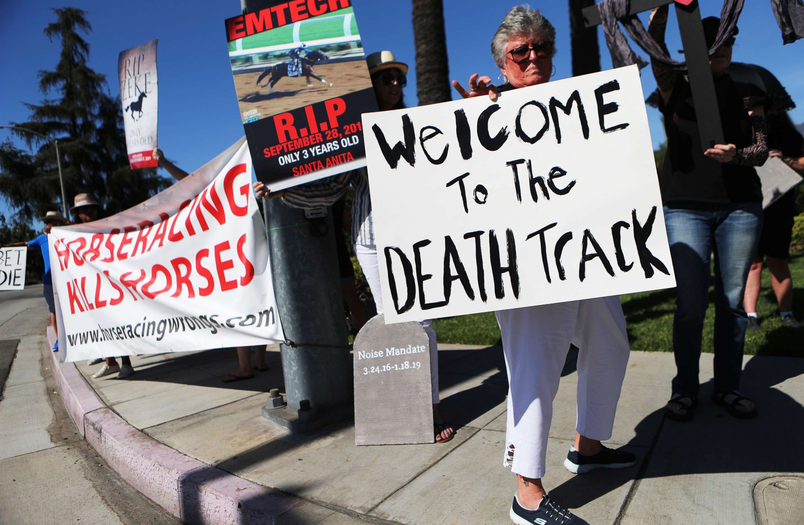 PHOTO: File photo: Animal rights activists protest horse racing deaths outside Santa Anita Park on Oct. 24, 2019, in Arcadia, Calif.