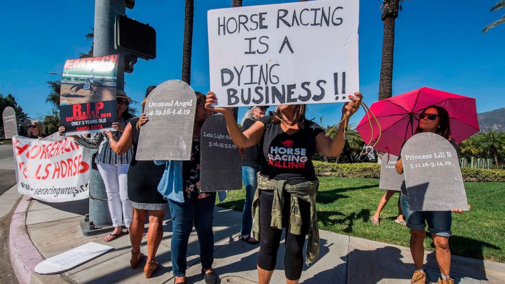 PHOTO: Protesters opposed to horse racing and the large number of animal deaths in the sport, hold a demonstration outside the entrance to the Santa Anita Park racetrack in Arcadia, California on October 24, 2019. 