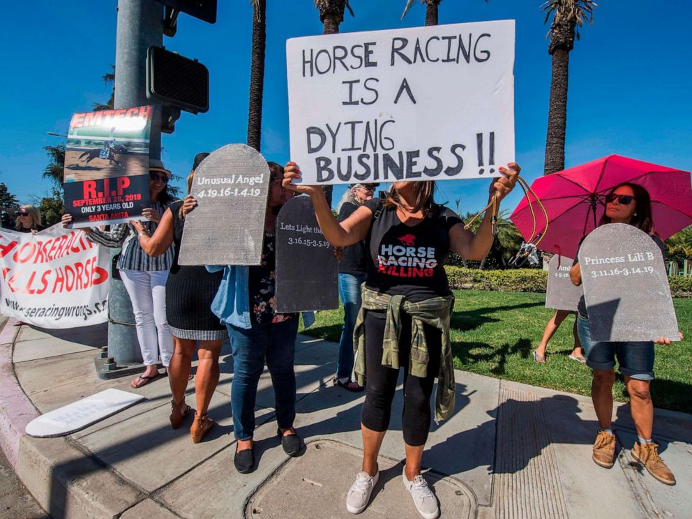 PHOTO: Protesters opposed to horse racing and the large number of animal deaths in the sport, hold a demonstration outside the entrance to the Santa Anita Park racetrack in Arcadia, California on October 24, 2019.