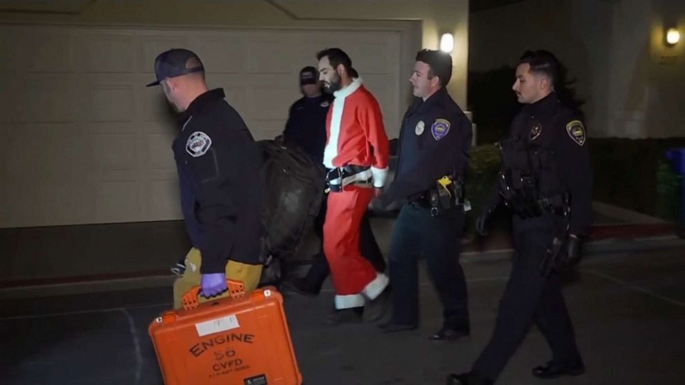 PHOTO: A driver who was dressed as Santa was arrested after he allegedly crashed into parked vehicles and left evidence at the scene in Chula Vista, Calif., on Dec. 23, 2019.