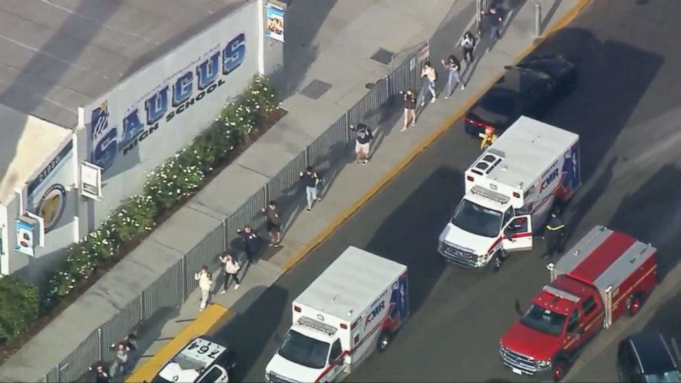 PHOTO: Students are evacuated from Saugus High School in Santa Clarita, Calif., near Los Angeles after reports of a shooting, Nov. 14, 2019.