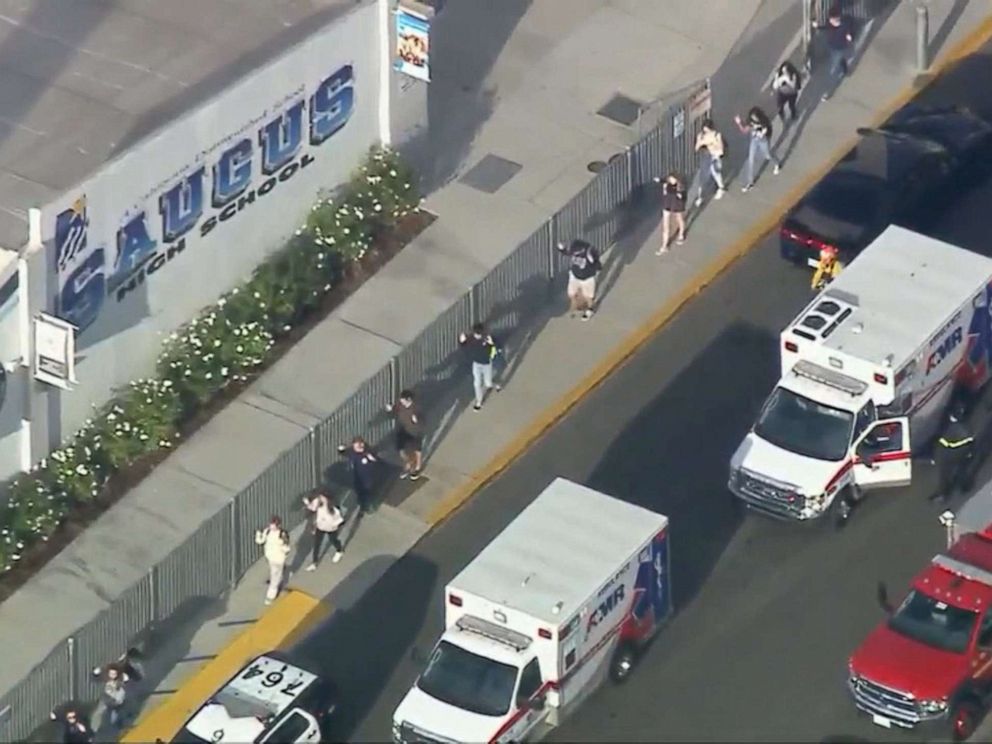 PHOTO: Students are evacuated from Saugus High School in Santa Clarita, Calif., near Los Angeles after reports of a shooting, Nov. 14, 2019.
