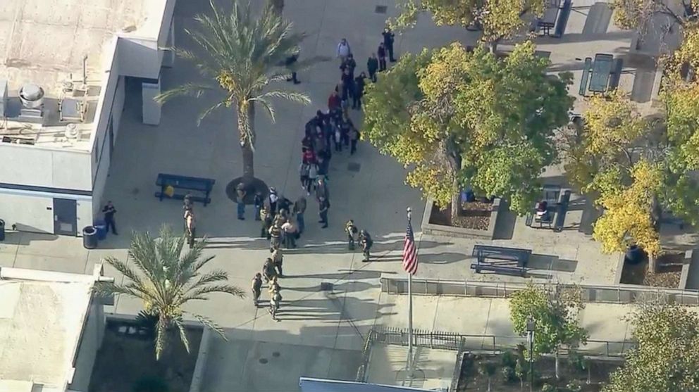 PHOTO: Students are evacuated from Saugus High School in Santa Clarita, Calif., near Los Angeles, after reports of a shooting, Nov. 14, 2019.