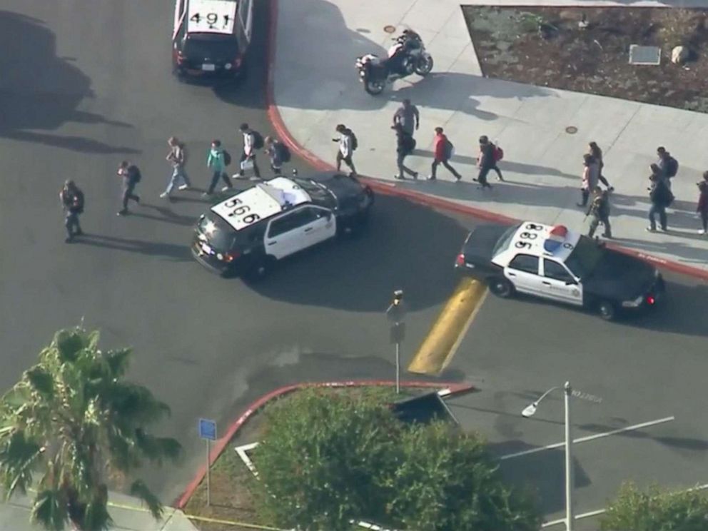 PHOTO: Students are evacuated from Saugus High School in Santa Clarita, Calif., near Los Angeles, after reports of a shooting, Nov. 14, 2019.