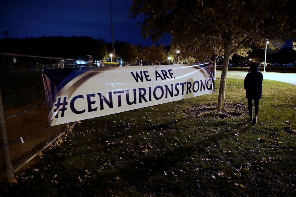 PHOTO: A sign reads #centurionstrong during a vigil at Central Park in the aftermath of a shooting at Saugus High School, Nov. 14, 2019, in Santa Clarita, Calif.