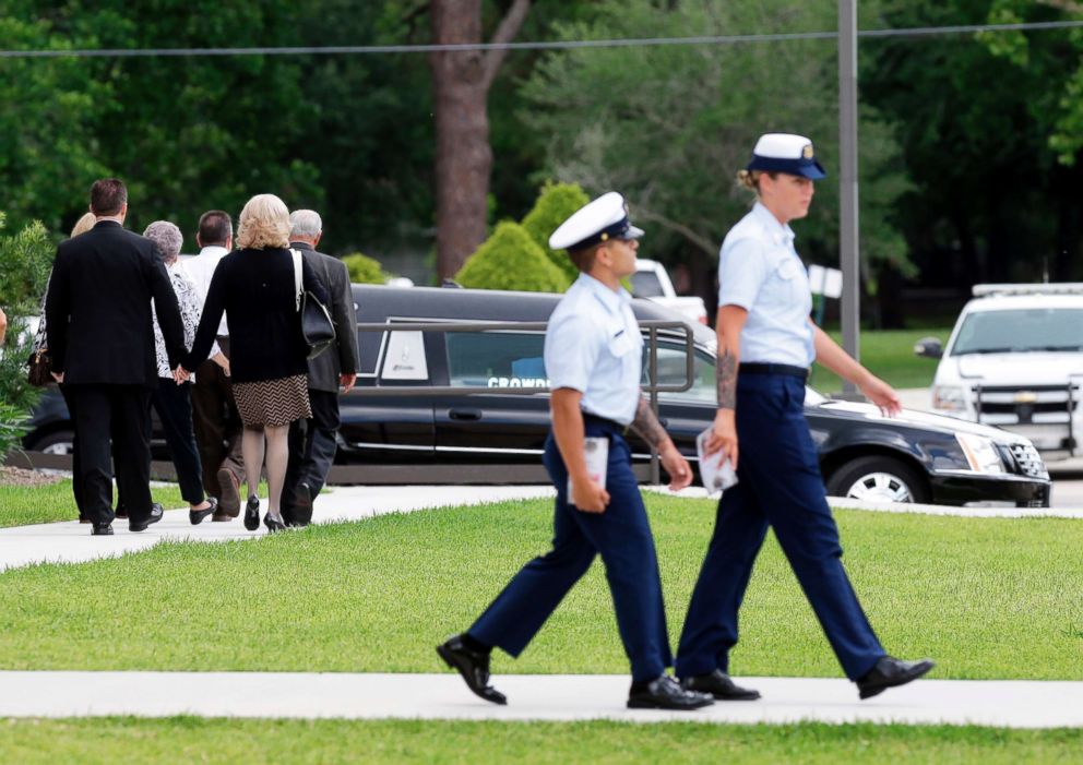 PHOTO: Mourners leave from the Bay Area Christian Church on May 25, 2018, in League City, Texas, after the funeral for Cynthia Tisdale.