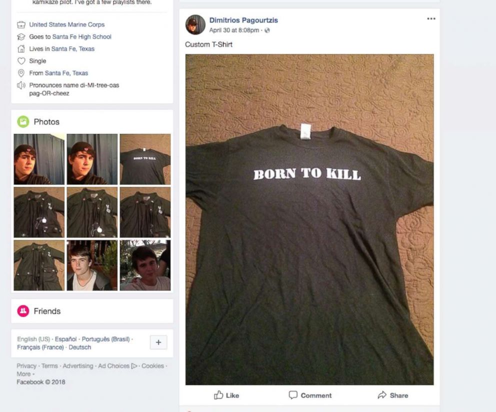 PHOTO: A t-shirt with the words "Born To Kill" is pictured in a screenshot from the Facebook account of Dimitrios Pagourtzis, the suspect in the shooting at Santa Fe High School in Santa Fe, Texas, May 18, 2018.