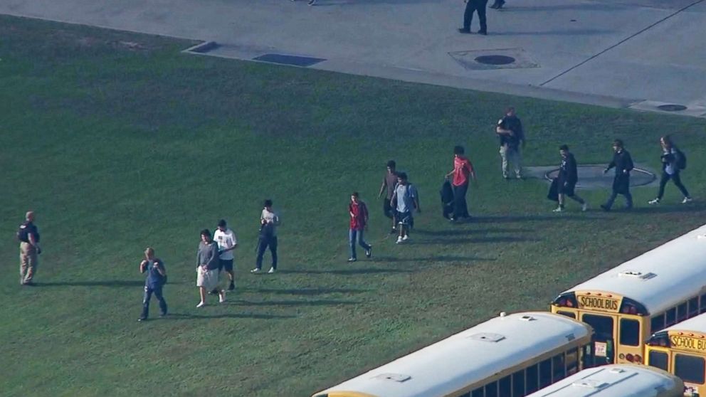 PHOTO: Santa Fe High School students leave the school after a reported shooting, May 18, 2018 in Santa Fe, Texas.