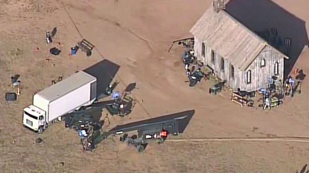 PHOTO: Deputies with Santa Fe County Sheriff's office responded to an incident at a movie set in Santa Fe, seen in a grab from aerial footage, Oct. 21, 2021.