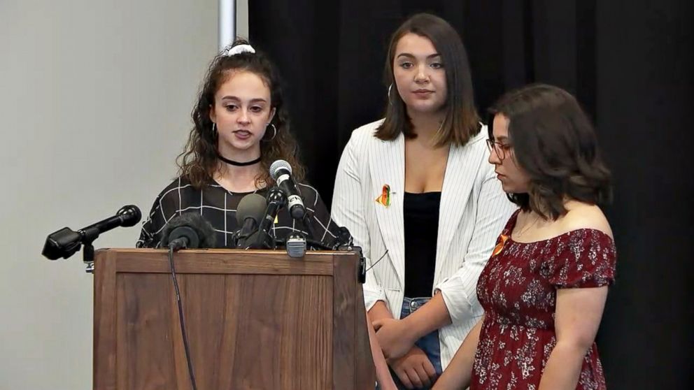 PHOTO: Santa Fe High School students Bree Butler, Megan McGuire and Kennedy Rodriguez spoke about ways to make schools and other public places safer in the wake of the May 18 shooting at their school that killed 10 people. 