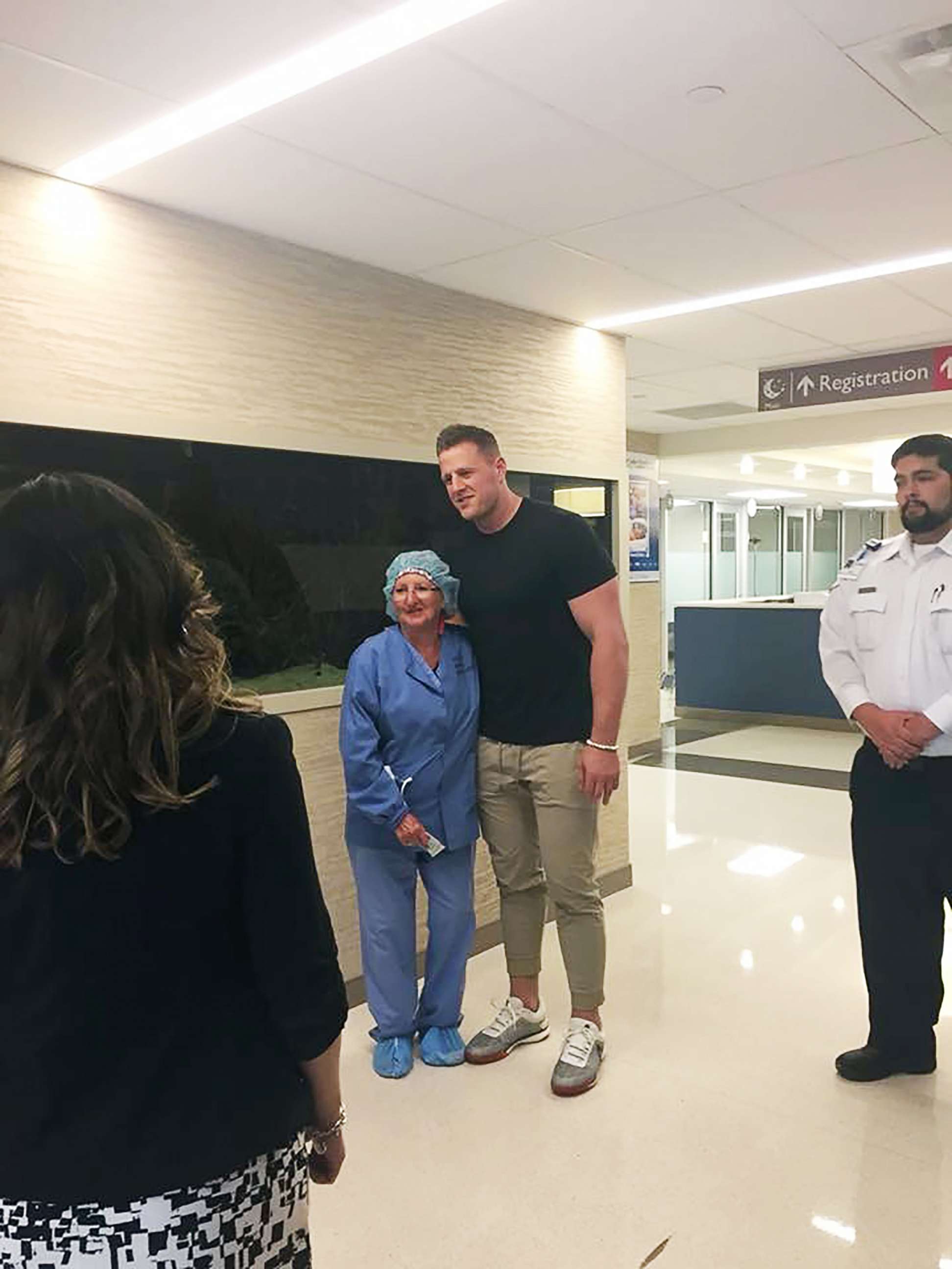 PHOTO: Houston Texans' star J.J. Watt visited with survivors of the Santa Fe High School shooting at Clear Lake Regional Medical Center on May 22, 2018, and stopped to take photos with nurses who have been working to care for the wounded.