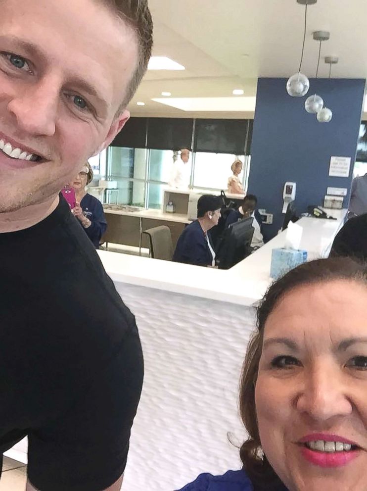 PHOTO: Houston Texans' star J.J. Watt visited with survivors of the Santa Fe High School shooting at Clear Lake Regional Medical Center on May 22, 2018, and stopped to take photos with nurses who have been working to care for the wounded.