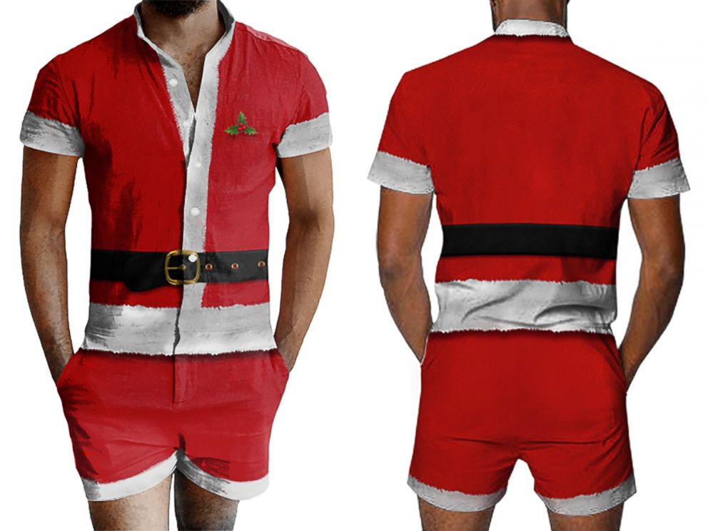 PHOTO: Santa Ugly Christmas Romper Back": Getonfleek's "Santa Ugly Chrismas Romper" for men is photographed here. 