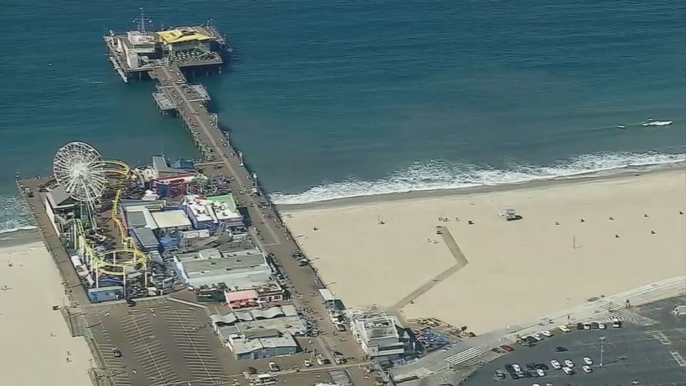 PHOTO: In this screen grab from a video, the beach at the Santa Monica pier is shown in Santa Monica, Calif.